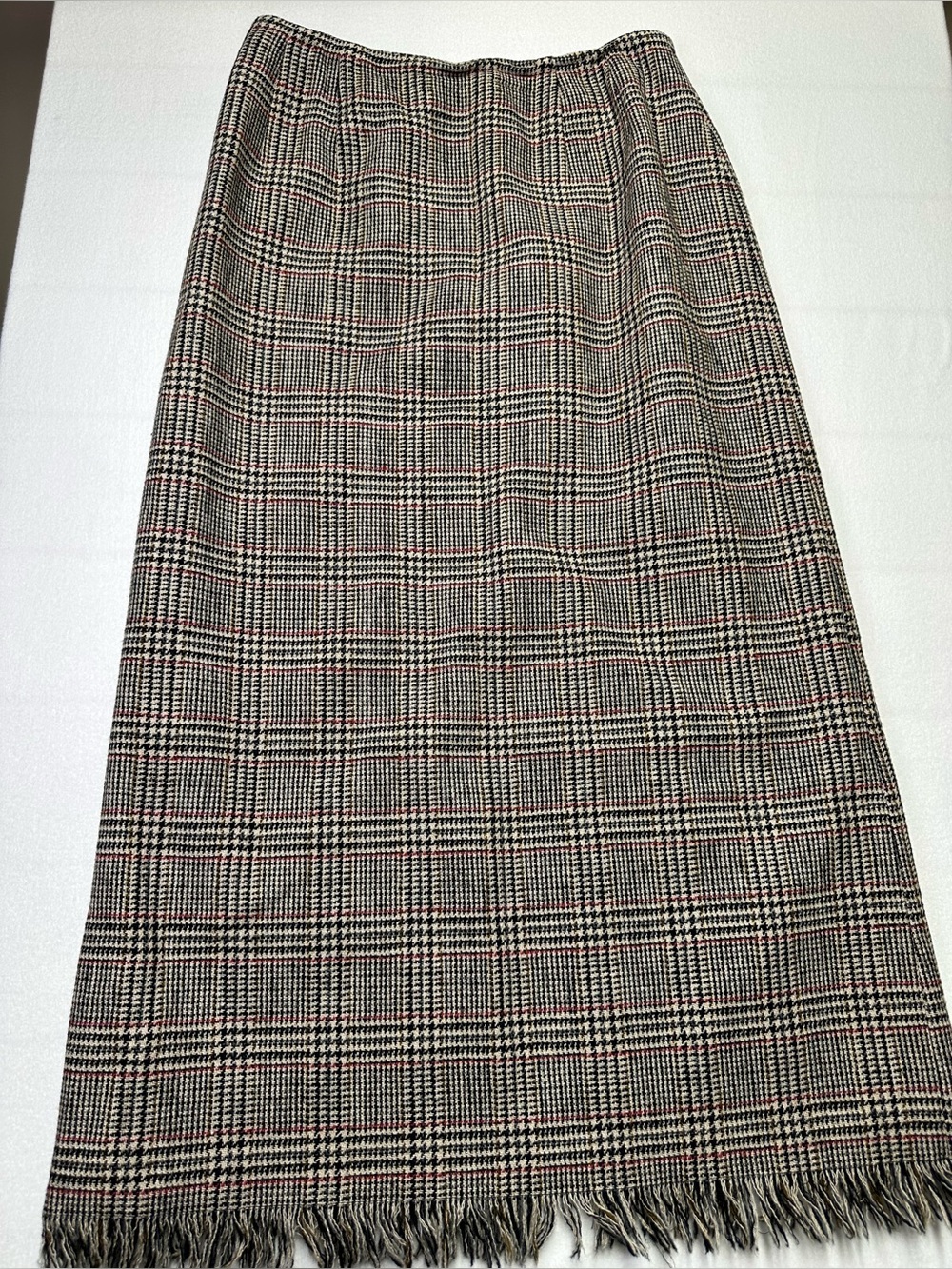 Harve Benard Women’s Wool Houndstooth Plaid Fringe Maxi Skirt Size 8 | L 35”